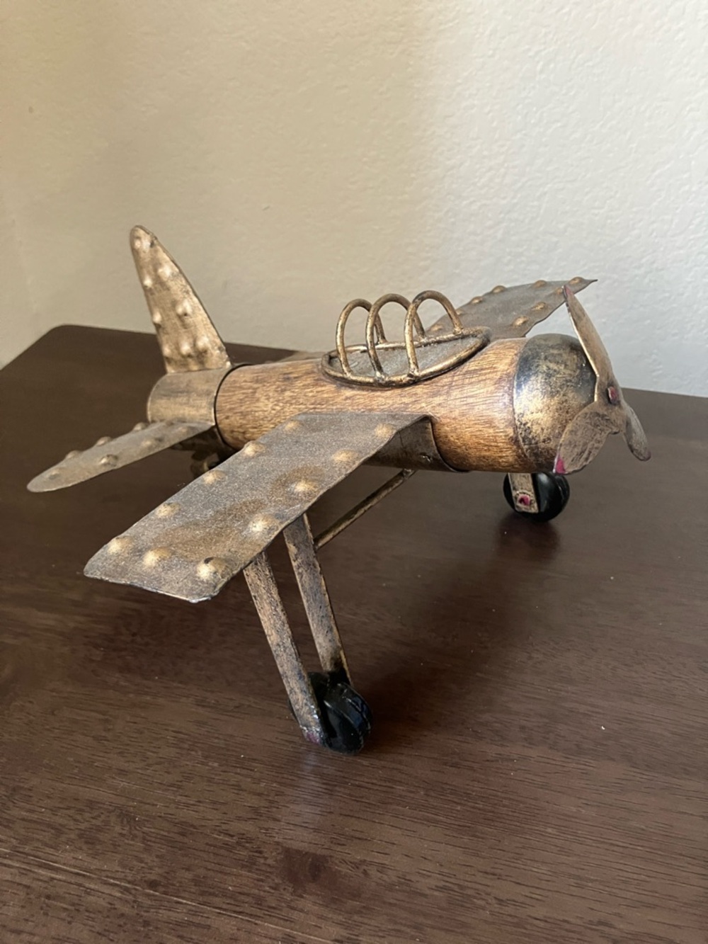 Rustic Metal Airplane Sculpture - Gold and Brown Home Art
